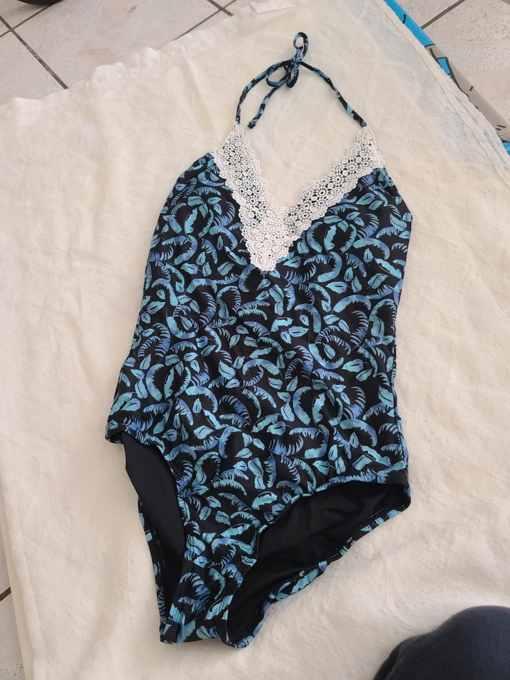 LC Lauren Conrad Blue Leaf Lace Trim One-Piece Swimsuit